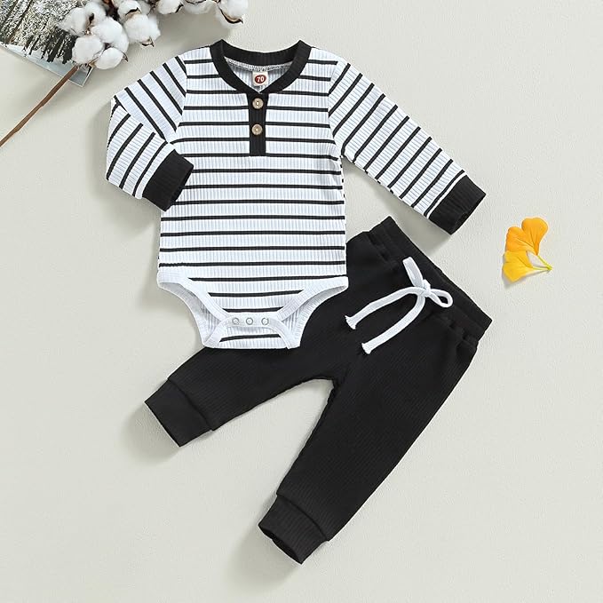 Newborn Baby Boy Girl Clothes Ribbed Knitted Long Sleeve Romper Pants Solid Cotton Infant Fall Winter Outfits 2Pcs
