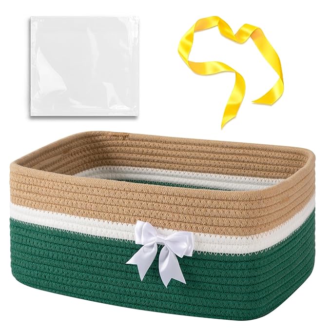 OIAHOMY Large Woven Storage Basket with Handles for Nursery Living Room Shelves, Bow Basket for Gifts Empty with Gift Bags and Ribbons for Baby Showers Pet Toy Bin -Yellow & Dark Green