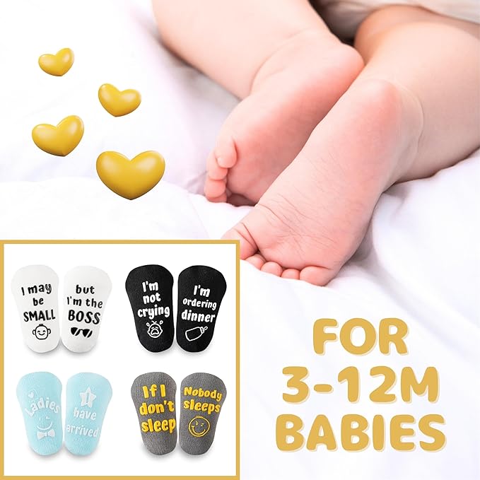 InnoBeta Baby Socks Set with Funny Quotes (4 Pairs) Newborn/Infant Socks for Baby Shower, Gender Reveal 3-12 Months