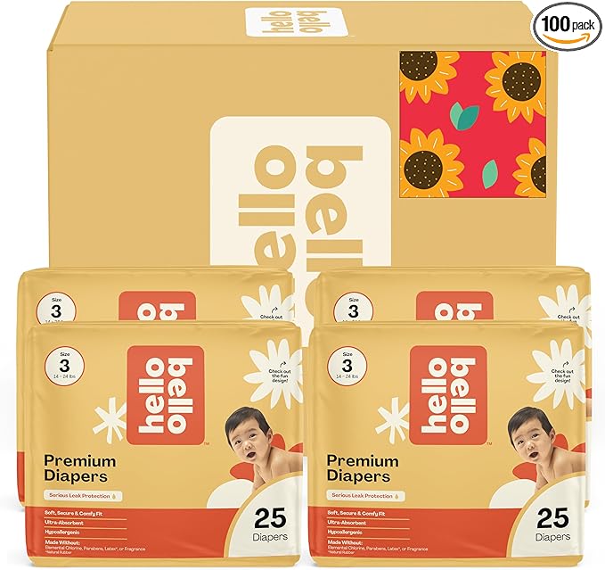 Hello Bello Diapers, Size 3 (14-24 lbs) Flower Child, 100 Count Value Pack of Premium Disposable Baby Diapers, Hypoallergenic with Soft, Cloth-Like Feel