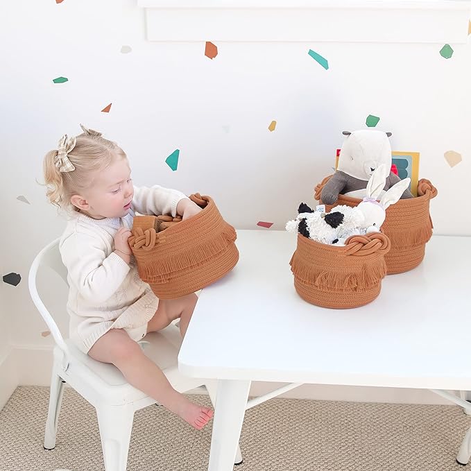 NaturalCozy 3-Piece Boho Decor Storage Basket Set – Cotton Rope Woven Baskets for Organizing! Small Basket for Baby Stuff, Baby Shower, Gift Basket, Nursery Baby Basket, Planter, Toy Basket, Shelves