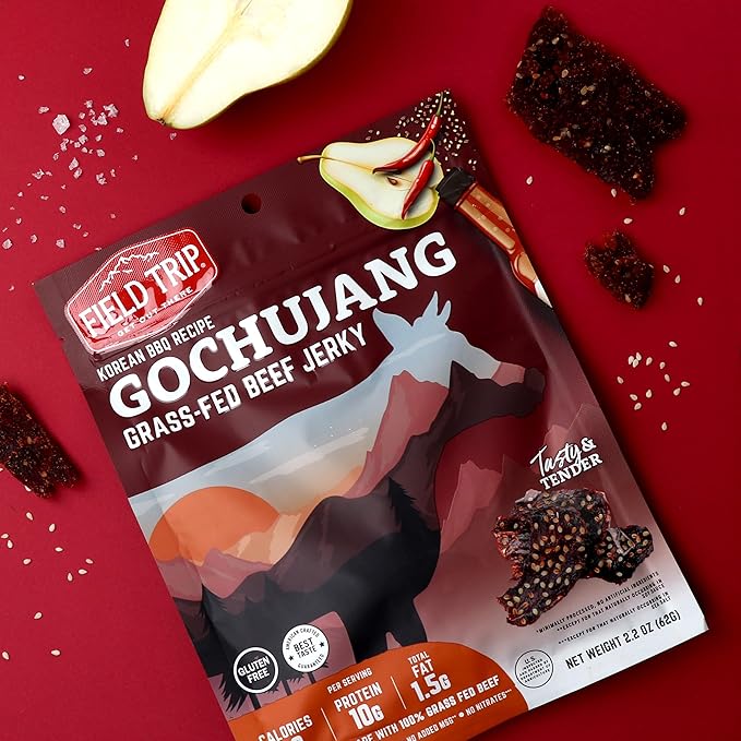 Field Trip Grass Fed Beef Jerky, Healthy Gluten Free Snacks, All Natural, Paleo-Friendly Beef Jerky, High Protein, Low Carb Snack with No Nitrates, 1oz Bag, 12 Pack, Gochujang Korean BBQ