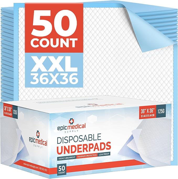 Disposable Adult Bed Pads 36" x 36" Blue Chucks for Elderly Seniors, Incontinence With Wetting Support, Soft and Absorbent, Leak Proof (Pack of 50)