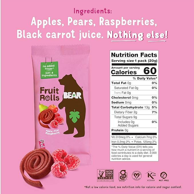 BEAR Real Fruit Snack Rolls - Gluten Free, Vegan, and Non-GMO - Raspberry – Healthy School And Lunch Snacks For Kids And Adults, 0.7 Ounce (Pack of 18)