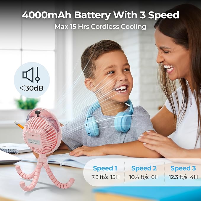 Misting Baby Stroller Fan, 4000mAh Rechargeable Battery Operated, 270°Pivoting, 15H Cooling,50ml Portable Water Sprayer Misting Fan with Flexible Tripod Clip on Car Seat Crib Treadmill Bunk Bed