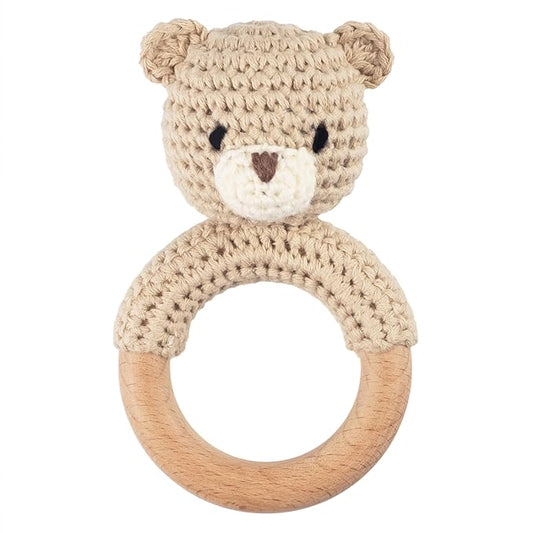 Joliecraft Safari Animals Wooden Baby Rattle Toys Stuffed Crochet Rattle with Teether Ring for Newborn, Beige Bear