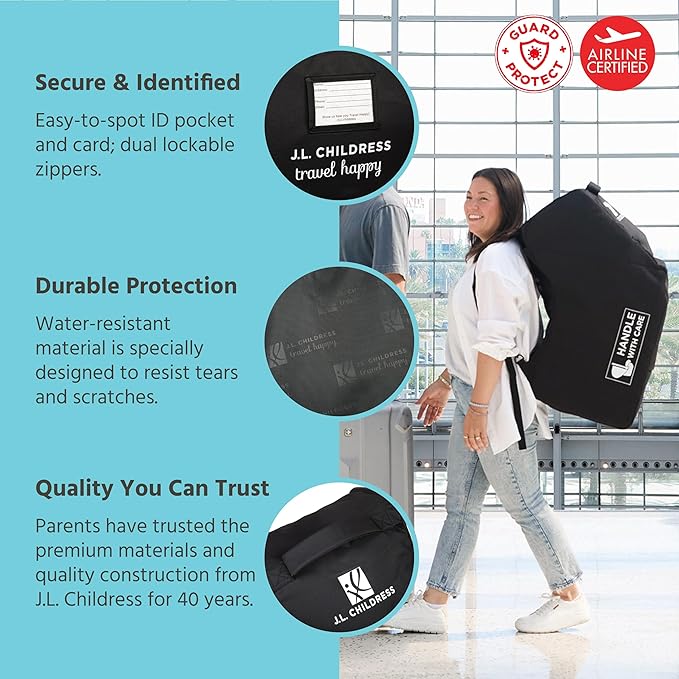 J.L. Childress Padded Infant Car Seat Bag - Travel Bag for Airplane, Fits Most Baby & Infant Car Seats, Compatible with UPPAbaby, Nuna, & Chicco, Airport Accessories, AirTag Compatible- Premier, Black