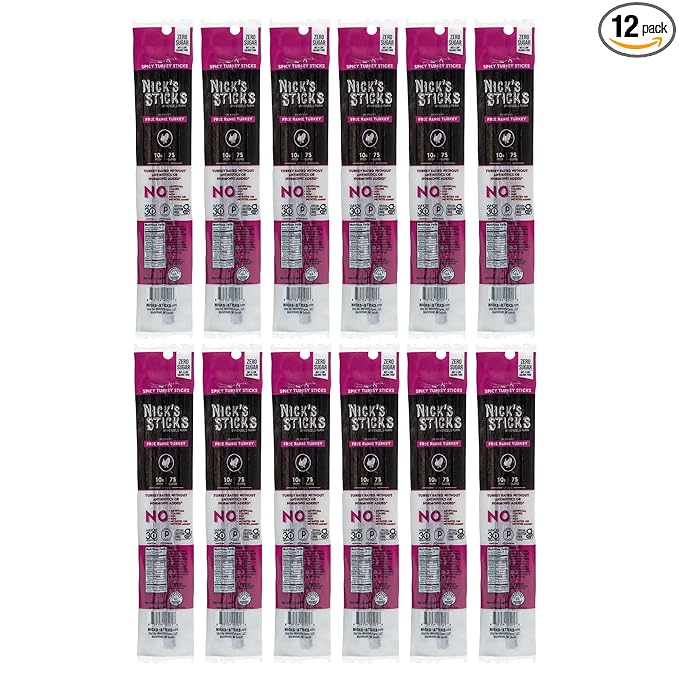Nick's Sticks Clean & Balanced Spicy Free Range Turkey Snack Sticks | Made in the USA | Gluten Free | Paleo, Keto, Whole30 Approved | No Soy, Antibiotics or Hormones (12 – 1.7oz. Packs of 2 Sticks)