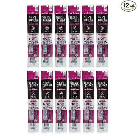 Nick's Sticks Clean & Balanced Spicy Free Range Turkey Snack Sticks | Made in the USA | Gluten Free | Paleo, Keto, Whole30 Approved | No Soy, Antibiotics or Hormones (12 – 1.7oz. Packs of 2 Sticks)