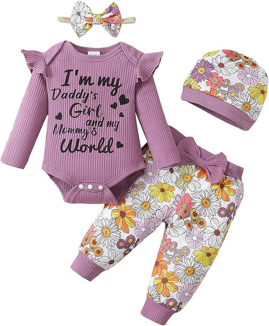 SUNNY PIGGY Baby Girl Clothes Newborn Outfits Infant Ruffle Romper 0-18M Fall Winter Flower Plaid Pants Clothing Set