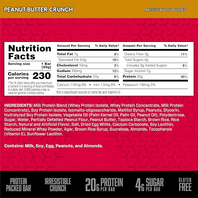 BSN Protein Bars - Protein Crisp Bar by Syntha-6, Whey Protein, 20g of Protein, Gluten Free, Low Sugar, Peanut Butter Crunch, 12 Count