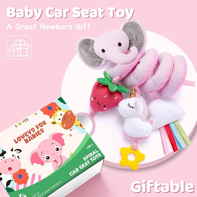 Spiral Car Seat Toys for Baby Girls 0-6 Months, Perfect Newborn Gifts for Girls Essentials, Cute Pink Elephant Strawberry Hanging Plush Items