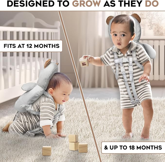 Little Family Baby Head Protector Backpack, Non-Toxic Hypoallergenic Toddler Backpack Head Protection, Full Head Coverage, Head Protection for Falling, Secure, Durable, Bear (Grey)