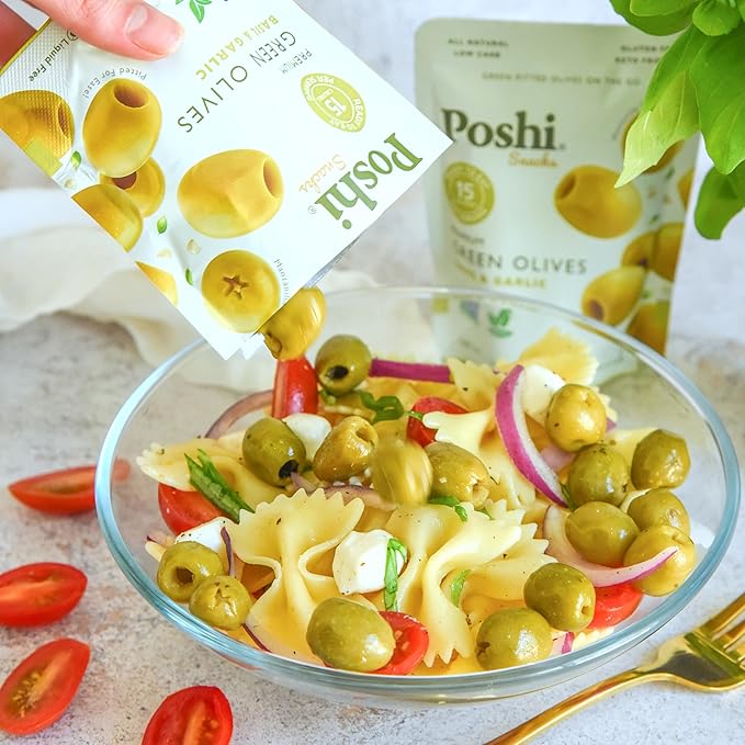 Poshi Green Pitted Olives | Basil & Garlic | Vegan, Kosher, Gluten Free + Keto Friendly, Fresh, Low Calorie Healthy Snacks | (30 Pack, 1.1oz Bags)