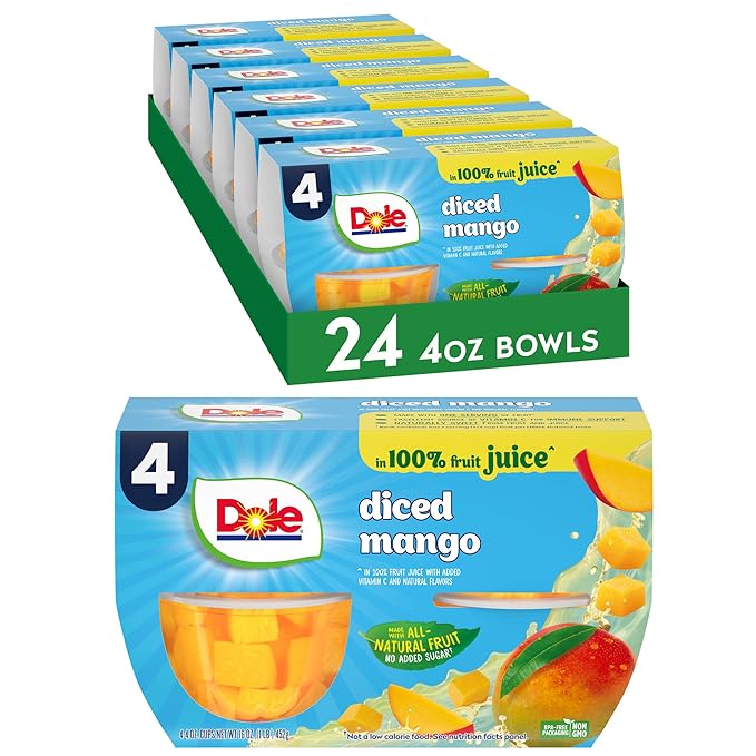 Dole Diced Mango in 100% Fruit Juice - Dole Fruit Bowls - 4 oz Fruit Bowls - 24 Pack