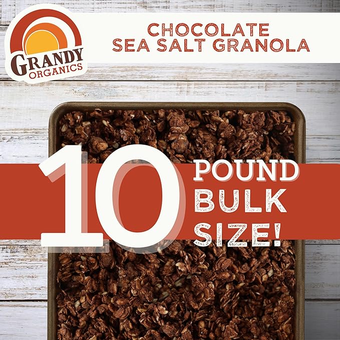 Grandy Organics Dark Chocolate Sea Salt Granola, 10 Pound Bulk Bag, Certified Organic, Gluten Free, Non-GMO, Kosher, Plant Based Protein Granola