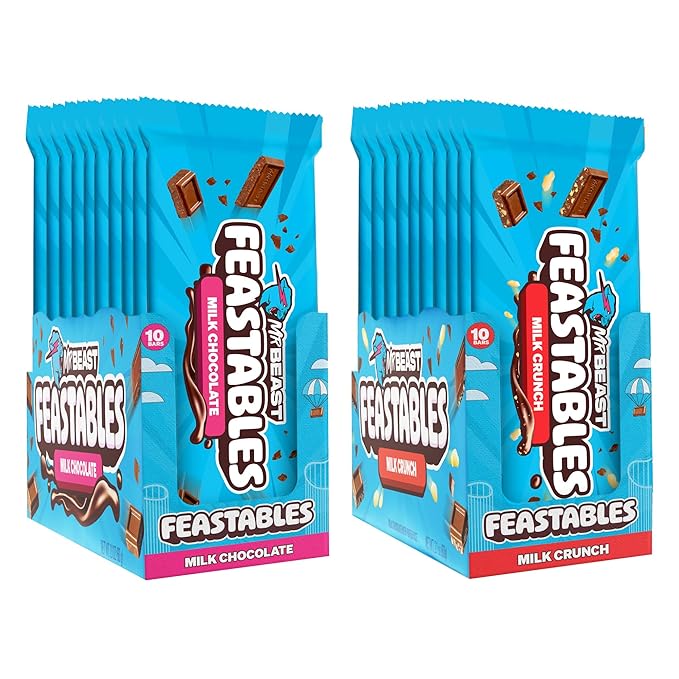 Feastables MrBeast Combo Pack, King Size Milk Chocolate & Milk Crunch Bars, 10 Each, Candy Bars for Adults & Kids, Candy Bar for Snacks, Gifts, or Dessert, Fairtrade Cocoa, 2.1 Oz Each, 20 Count