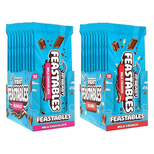 Feastables MrBeast Combo Pack, King Size Milk Chocolate & Milk Crunch Bars, 10 Each, Candy Bars for Adults & Kids, Candy Bar for Snacks, Gifts, or Dessert, Fairtrade Cocoa, 2.1 Oz Each, 20 Count