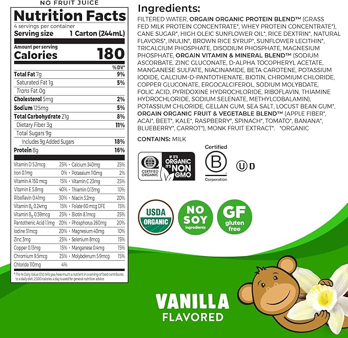 Orgain Organic Kids Protein Nutritional Shake, Vanilla - 8g of Protein, 22 Vitamins & Minerals, Fruits & Vegetables, Gluten Free, Soy Free, Non-GMO, 8.25 Oz, 12 Ct (Packaging May Vary)