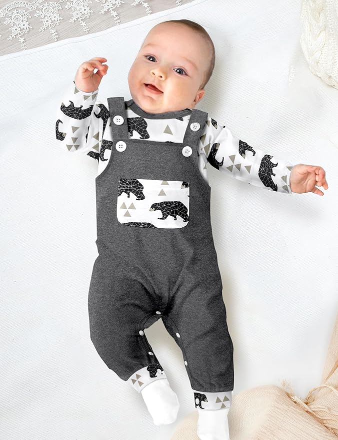Baby Boy Clothes Long Sleeve Animal Plaid Romper + Overalls Infant Boy Clothes 2PCS Fall Winter Outfits