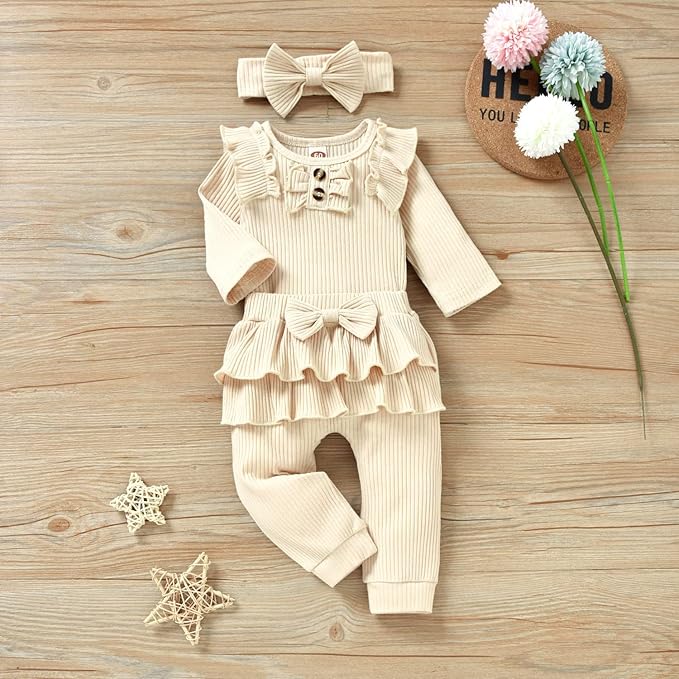 Aalizzwell Preemie Newborn Infant Baby Girls Clothes Ribbed Bodysuit Pants Set Fall Winter Outfits