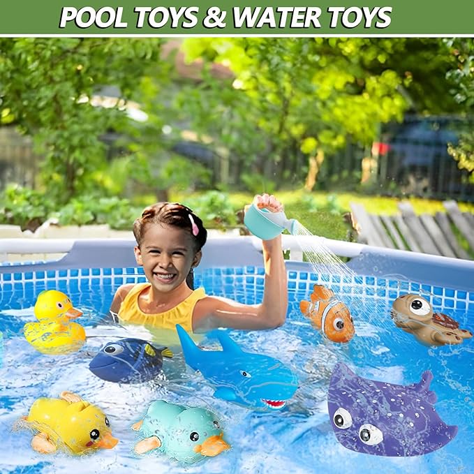 Bath Toys for Kids Ages 1-3, No Hole Bath Toys for Babies 6-12 Months, Wind-up Ducks Baby Pool Toys, Rubber Duck Watering Can Fishing Net Water Toys for Toddlers, Bath Toy Storage, Halloween Toy