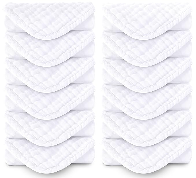 Muslin Burp Cloths 100% Cotton Large 20''x10'' Extra Soft and Absorbent Baby Wash Cloths Spit Up Rags - Baby Burping Cloth for Boys Girls Items(12 Pack White)