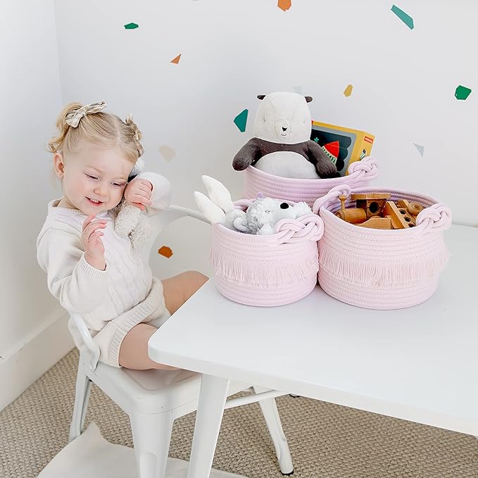 NaturalCozy 3-Piece Decorative Storage Basket Set – Pink Cotton Rope Small Woven Baskets for Organizing for Nursery Baby Stuff, Gift, Vanity, Montessori, Dog Cat Toy Bin, Planter, Bathroom Shelves