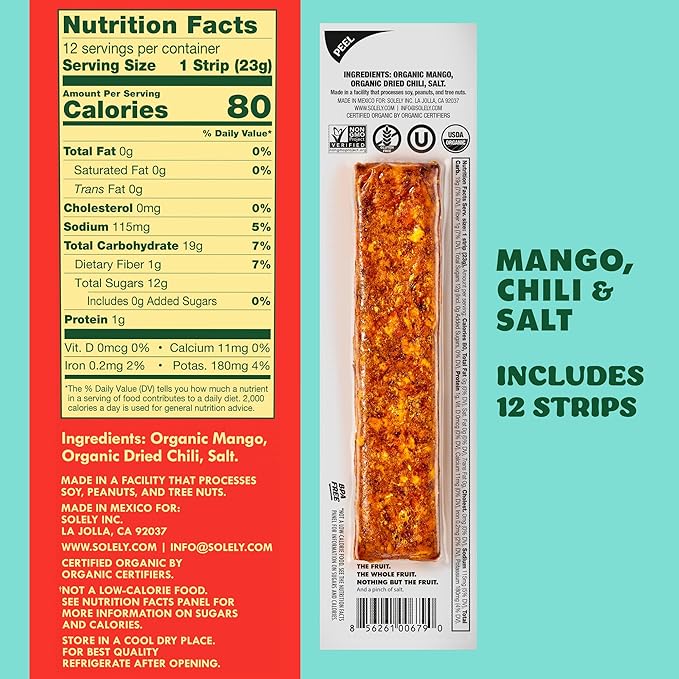 SOLELY - Organic Spicy Mango Chili and Salt Fruit Jerky - 12 Individually Wrapped Strips - Fruit Leather Made from Dried Fruit - Healthy Snacks for Adults & Kids - Vegan, Non GMO - 0.8oz (23g)
