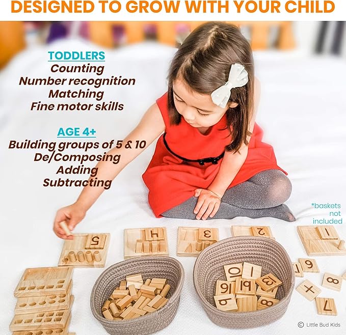 LITTLE BUD KIDS Counting Pegs - A Ten Frame Math Game with Addition and Subtraction Flash Cards, A Wooden Montessori Math Toy & Math Manipulatives Number Peg Boards for Kids 3 4 5 6 7