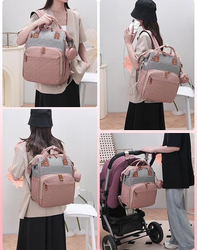 Diaper Bag with Changing Station, Waterproof 3 in 1 Baby Diaper Backpack with Foldable Changing Pad, Pink-Grey