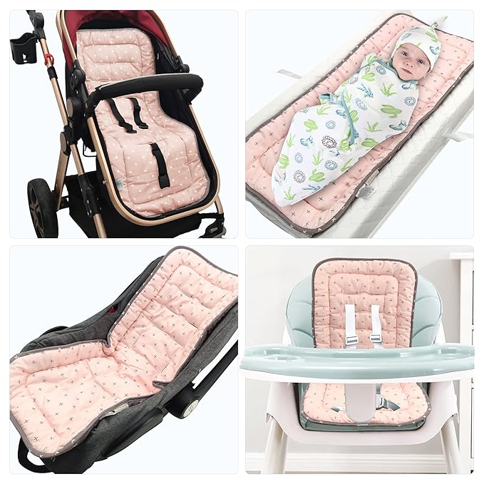 Baby Carriage Cushion, Universal Breathable Stroller Mat, Stroller Cushion for Strollers 100% Cotton, 34x78cm,1 Pack (Pink+Grey Cross)