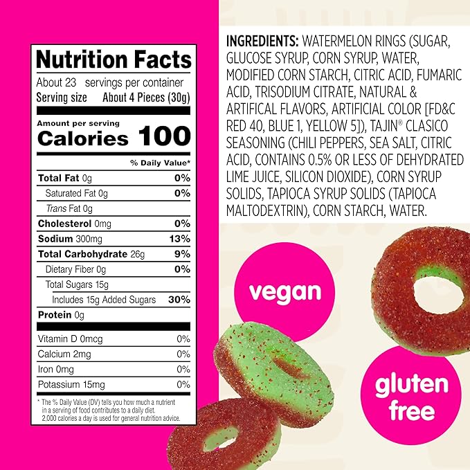 Snak Club Tajin Watermelon Rings Gummy Candy, Fruit Candy Gummies with Chili and Lime Seasoning, Mild, Gluten-Free and Vegan Snacks, 24 oz Resealable Bag