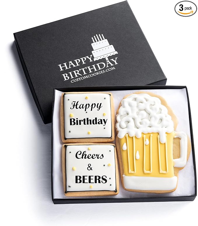 Happy Birthday Gift Basket Custom Sugar Cookies - Happy Birthday Cookies in Gift Box, delivery by Prime - Hand Decorated Kosher Treats for Men, Him, Husband - Bakery & Dessert Gifts as a Birthday Cake