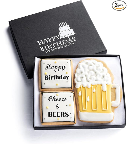 Happy Birthday Gift Basket Custom Sugar Cookies - Happy Birthday Cookies in Gift Box, delivery by Prime - Hand Decorated Kosher Treats for Men, Him, Husband - Bakery & Dessert Gifts as a Birthday Cake