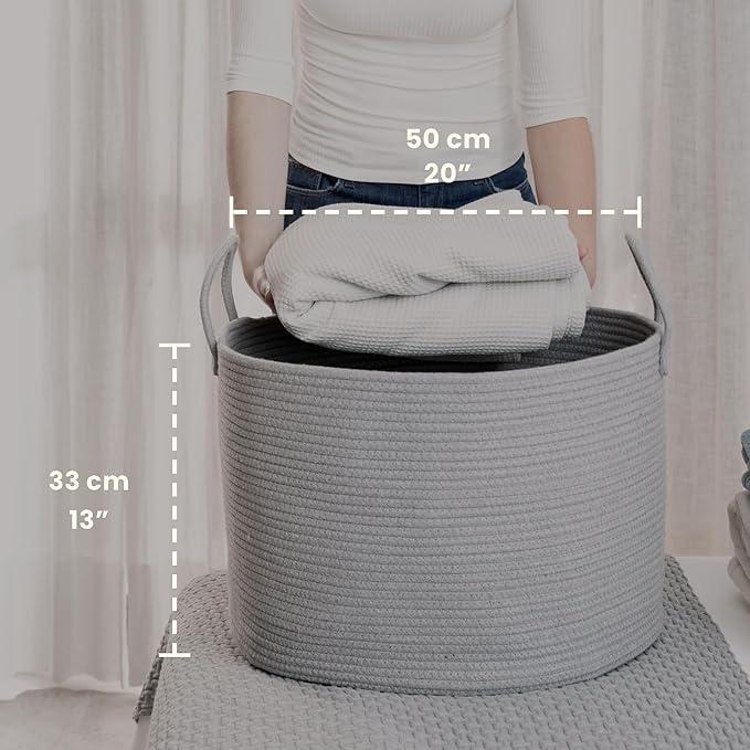 OrganiHaus Woven Laundry Basket, Large Cotton Rope Blanket Holder with Handles, Soft & Sturdy Nursery Hamper, Decorative Toy Bin for Living Room Organization 20x13 inches - Gray