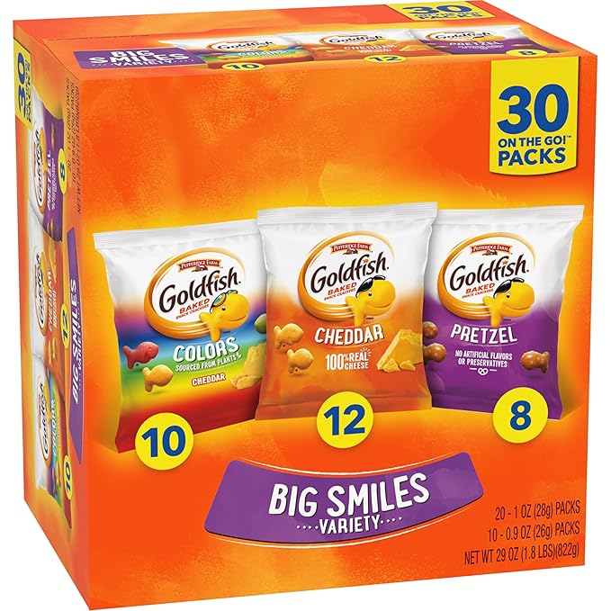 Goldfish Crackers Big Smiles Variety Pack with Cheddar, Colors, and Pretzels, Snack Packs, 30 Ct