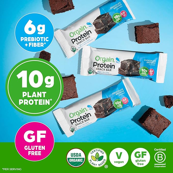 Orgain Organic Vegan Protein Bars, Chocolate Brownie - 10g Plant Based Protein, Low Calorie Healthy Snacks, No Lactose or Soy Ingredients, Gluten Free, Non-GMO - 1.41 Oz (Pack of 12)