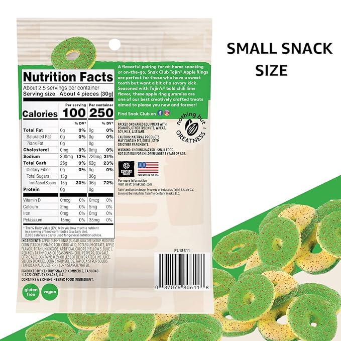 Snak Club Tajin Apple Rings, Sweet & Tasty Gummy Snacks, 2.5oz Snack Size, 12 Count