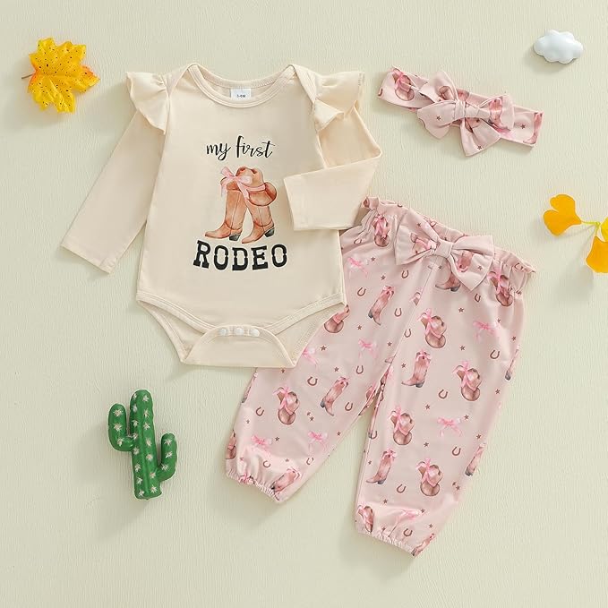 Fernvia Western Newborn Baby Girl Clothes Long Sleeve Letter Print Romper Animal Print Pants Headband 3Pcs Outfits Sets