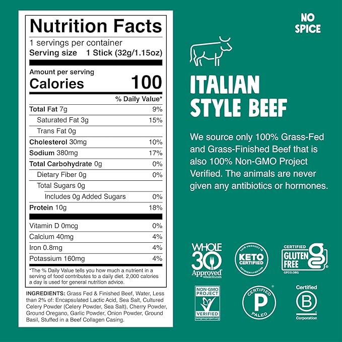 CHOMPS Grass Fed Italian Style Beef Jerky Snack Sticks, Keto, Whole30, Paleo, Gluten Free, Sugar Free, Low Carb, AIP Diet Compliant, 100 Calories,1.15 Oz, Pack of 24
