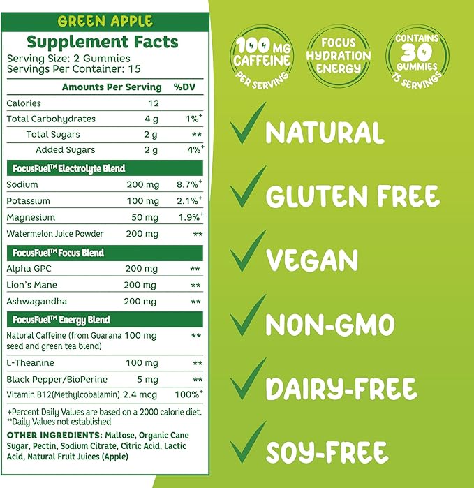 Energy Chews – Green Apple Flavor (15 Servings) – 100mg Caffeine + B12, Magnesium, Alpha GPC – Boost Focus & Energy – No Crash or Jitters