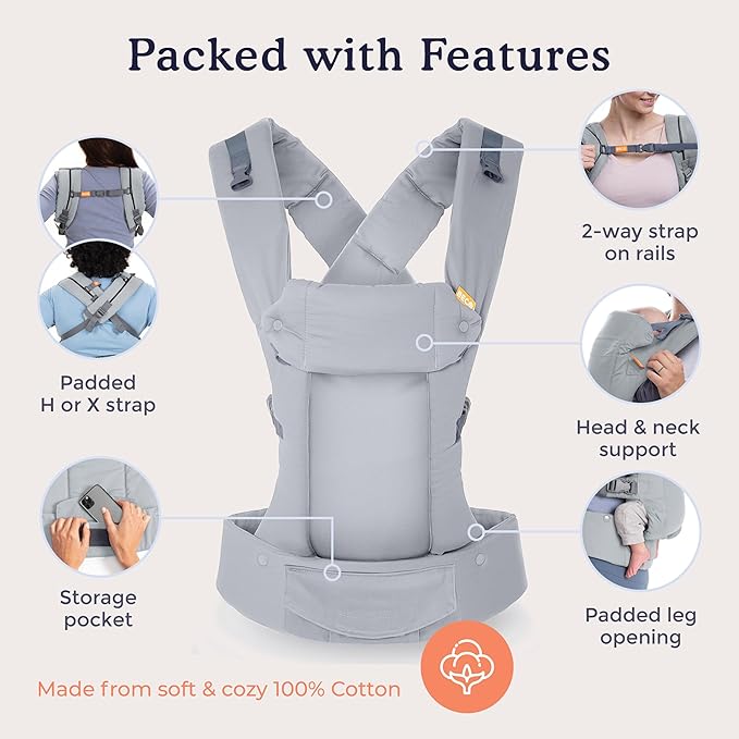 Beco Gemini Baby Carrier from Newborn to Toddler - Certified Ergonomic Newborn Baby Carrier for Infants and Children of 7-35 lbs - M Shape, Adjustable Seat, 100% Cotton (Classic Grey)