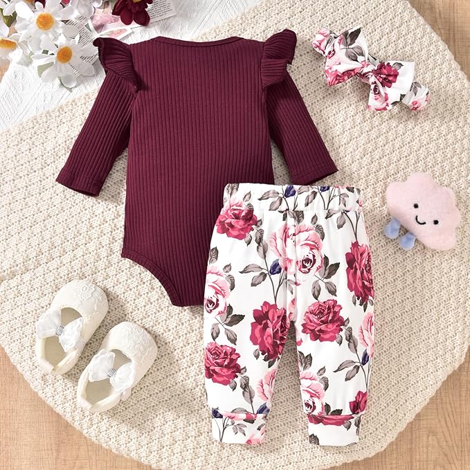 Aalizzwell Preemie Newborn Infant Baby Girls Clothes Ribbed Romper Bodysuit Pants Set Fall Winter Outfits