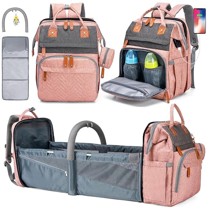KABAQOO Diaper Bag Backpack with Detachable Changing Station, Large Capacity Baby Diaper Bags for Boys & Girls, Baby Registry Search Stuff & Shower Gifts, Newborn Essentials Must Haves, Pink Grey