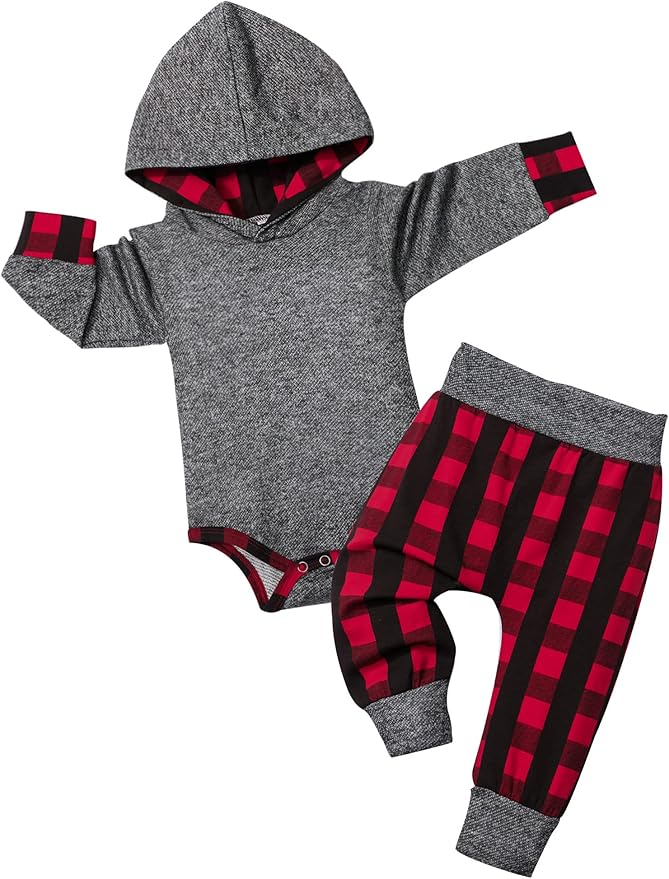 Fommy Newborn Baby Boy Clothes Plaid Letter Print Long Sleeve Hoodies + Long Pants 2PCS Fall Winter Outfits Set