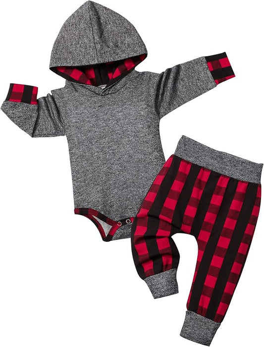 Fommy Newborn Baby Boy Clothes Plaid Letter Print Long Sleeve Hoodies + Long Pants 2PCS Fall Winter Outfits Set