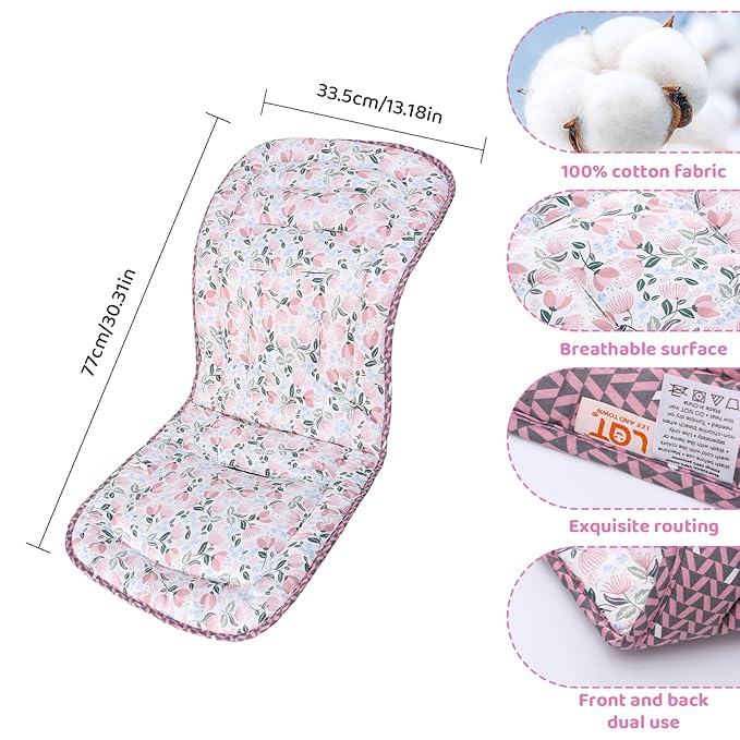 Baby Stroller Cushion,Infant Car Seat Insert-Reversible Universal Breathable and Soft Newborn Stroller Mat,100% Cotton Cover Toddler Seat Pad Liner-34x78cm,1 Pack(Pink Tulip+Pink Triangle)