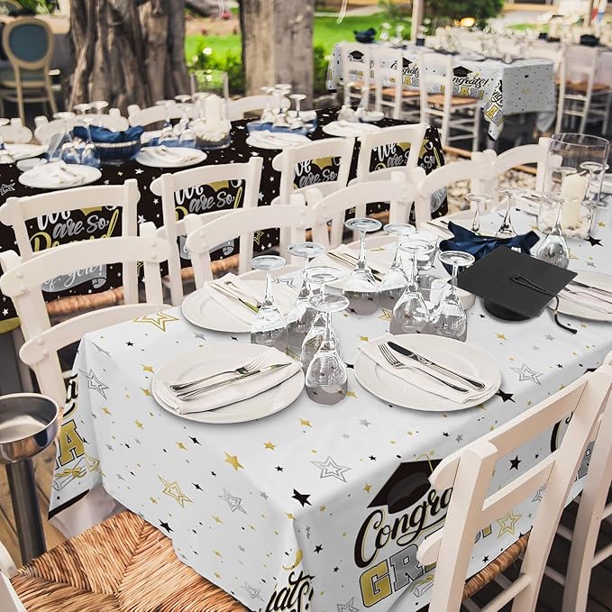 Gatherfun Graduation Decorations 2025-2 Pcs Black and Gold Gongrats Grad Tablecover for Graduation Party Decorations，Grad Plastic Table Covers 54"x108"