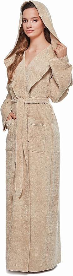 Arus Women's Princess Robe Ankle Long Hooded Lightweight Turkish Cotton Bathrobe